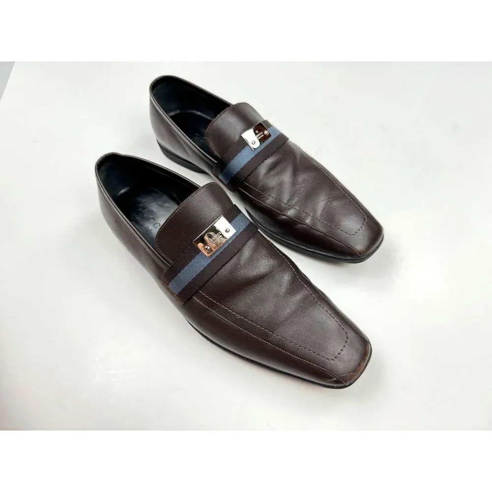 GUCCI Brown Leather Blue Ribbon Luxury Loafer Mens 8.5 D Flaw* Comfort‎ Shoes